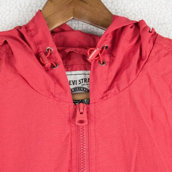 Levis Jacket Mens Medium Red Blue Oversized Half Zip Hooded Nylon Retro Striped - Picture 2 of 12